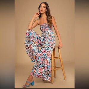 Multi Floral Smocked Sleeveless Jumpsuit